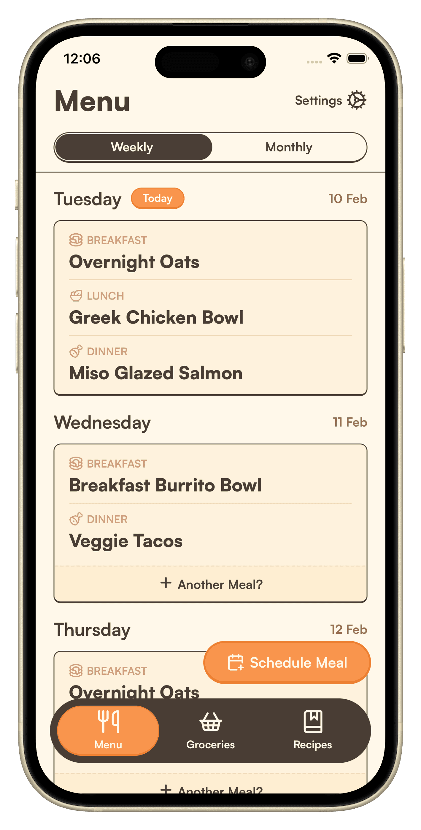 Weekly meal planning view